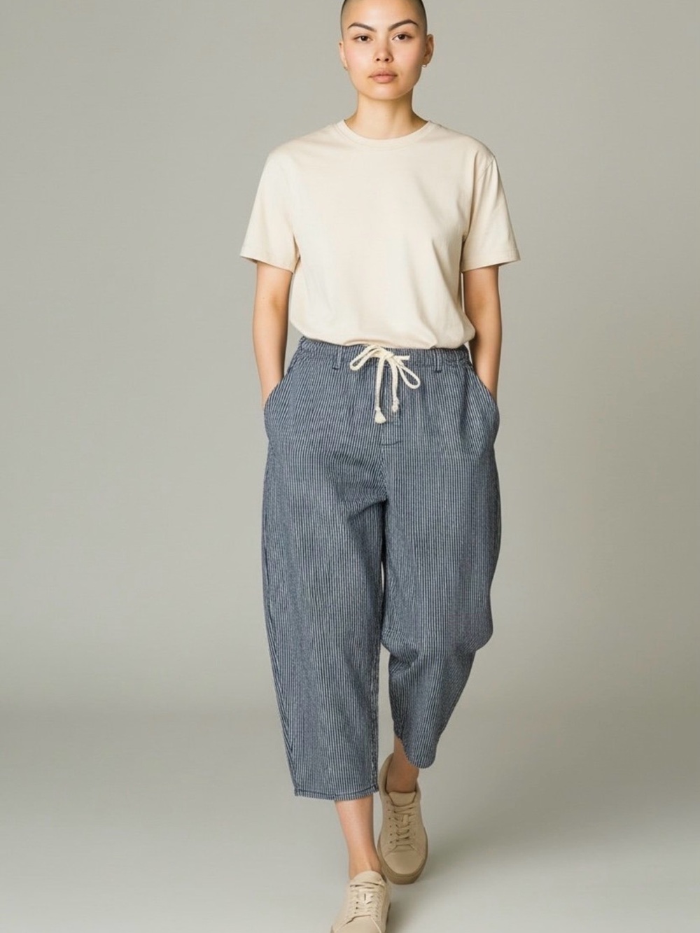 Cali 1850 Striped Barrel Leg Utility Pants SZ 3/26 Blue White Drawstring Cropped